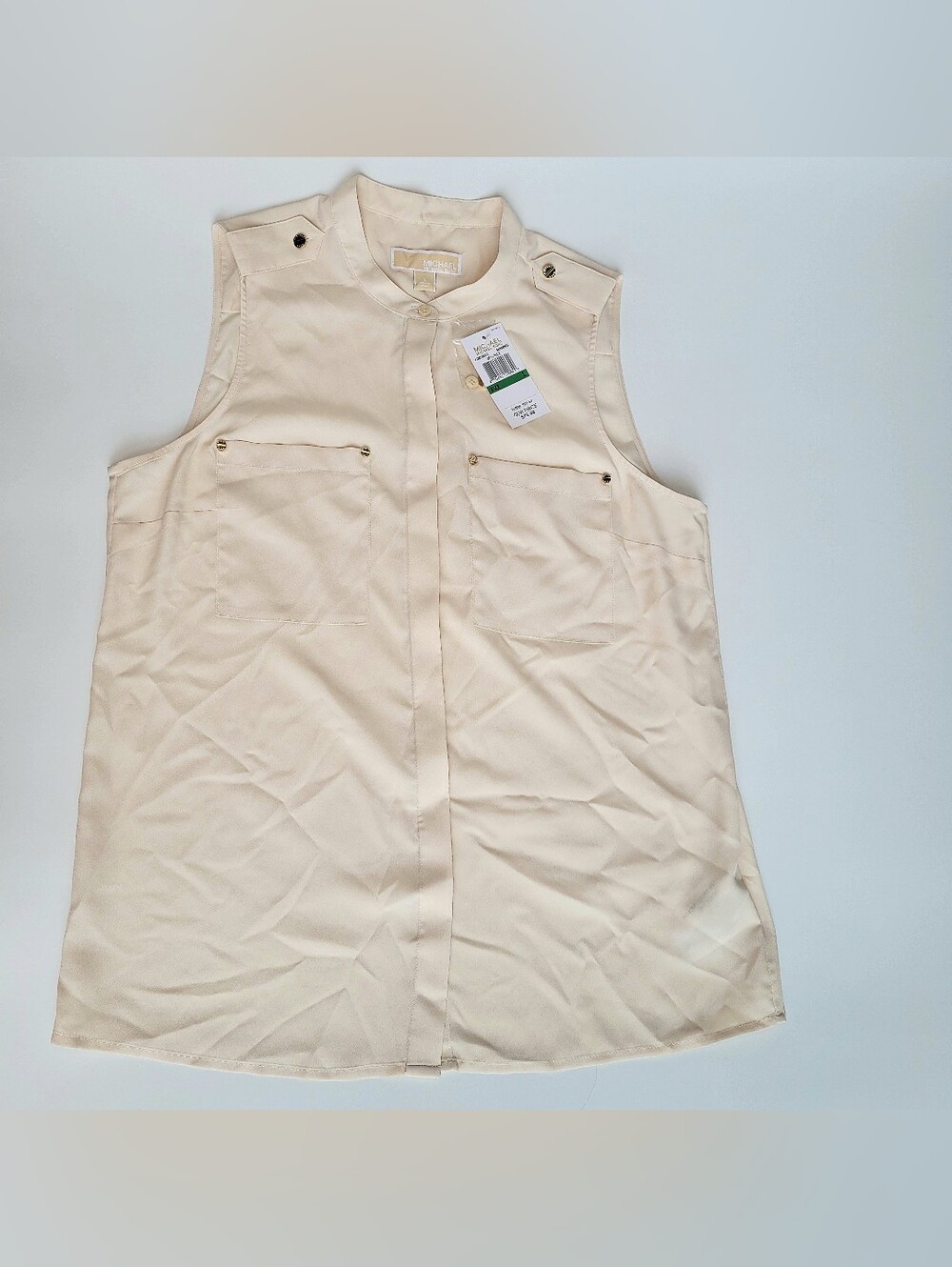 Michael Kors Sleeveless Blouse Size L Cream (SANDSHELL) Hidden Button